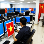 **

A network firewall protecting a Vietnamese business from cyber attacks, featuring a digital shield with the Vietnamese flag subtly integrated. In the background, blurred images of employees working on computers. The overall tone should be secure and technologically advanced.

**
