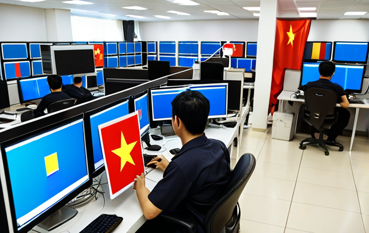 **

A network firewall protecting a Vietnamese business from cyber attacks, featuring a digital shield with the Vietnamese flag subtly integrated. In the background, blurred images of employees working on computers. The overall tone should be secure and technologically advanced.

**