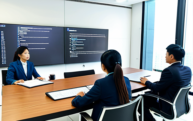 A diverse group of Vietnamese business professionals, including men and women, fully clothed in modest business attire and professional dress, actively participating in a cybersecurity awareness training session. They are seated at a modern conference table in a bright, clean office environment in a Vietnamese city, attentively observing a presentation on a large screen displaying cybersecurity concepts. The scene depicts a collaborative and proactive approach to digital safety. perfect anatomy, correct proportions, natural pose, well-formed hands, proper finger count, natural body proportions, professional photography, high quality, safe for work, appropriate content, fully clothed, professional.