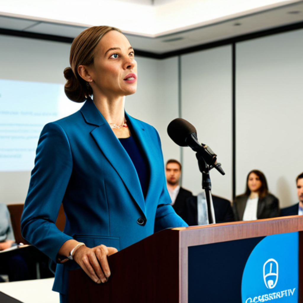 Public Announcement**
"A professional woman in a modest business suit standing at a podium, addressing a crowd. Background: a brightly lit conference room with a company logo. She's presenting information on cybersecurity awareness. Fully clothed, appropriate attire, safe for work, professional, perfect anatomy, correct proportions, natural pose, high quality."
**