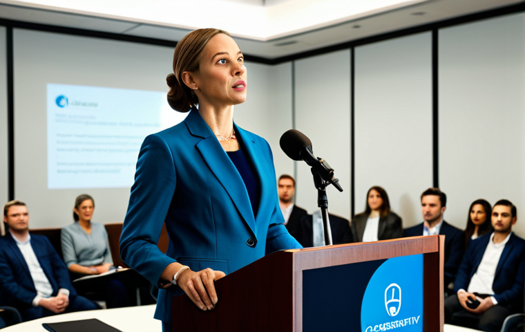 Public Announcement**
"A professional woman in a modest business suit standing at a podium, addressing a crowd. Background: a brightly lit conference room with a company logo. She's presenting information on cybersecurity awareness. Fully clothed, appropriate attire, safe for work, professional, perfect anatomy, correct proportions, natural pose, high quality."
**