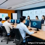 Home 22 사이버 보안 정책과 절차의 차별화된 접근 - A modern Vietnamese office setting with diverse employees collaborating on cybersecurity awareness; ...