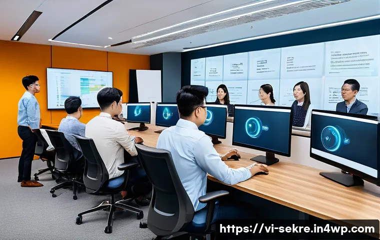 사이버 보안 정책과 절차의 차별화된 접근 - A modern Vietnamese office setting with diverse employees collaborating on cybersecurity awareness; ...