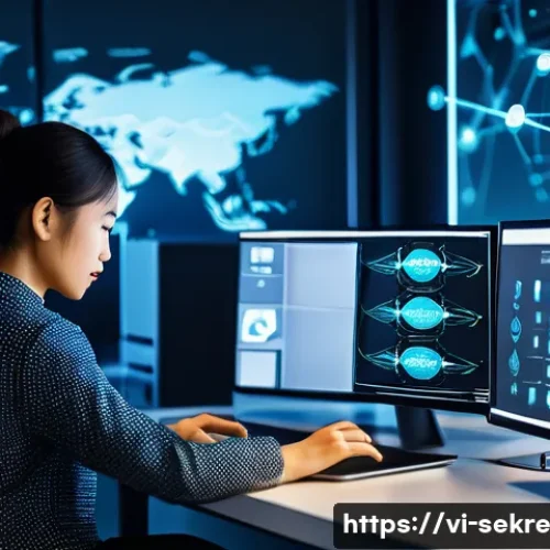 Home 33 IoT 보안 위협 대응 방안 - A modern Vietnamese office environment showcasing a network administrator at work, surrounded by mul...