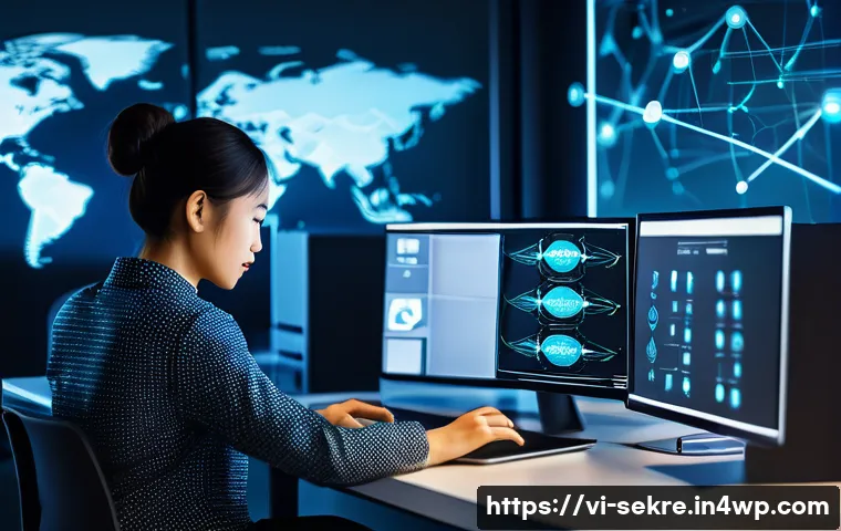 IoT 보안 위협 대응 방안 - A modern Vietnamese office environment showcasing a network administrator at work, surrounded by mul...