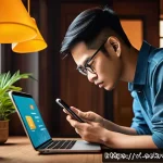Home 20 피싱 공격 대응을 위한 기본 가이드 - A detailed digital illustration of a Vietnamese young adult cautiously examining a suspicious email ...